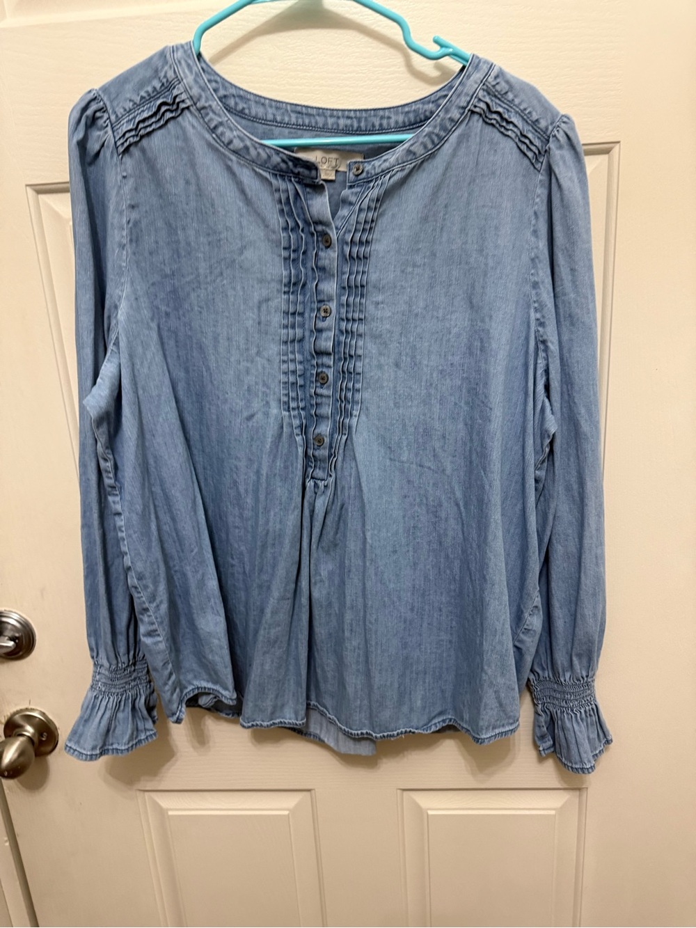 LOFT Light Blue Denim Pintuck Peasant Top